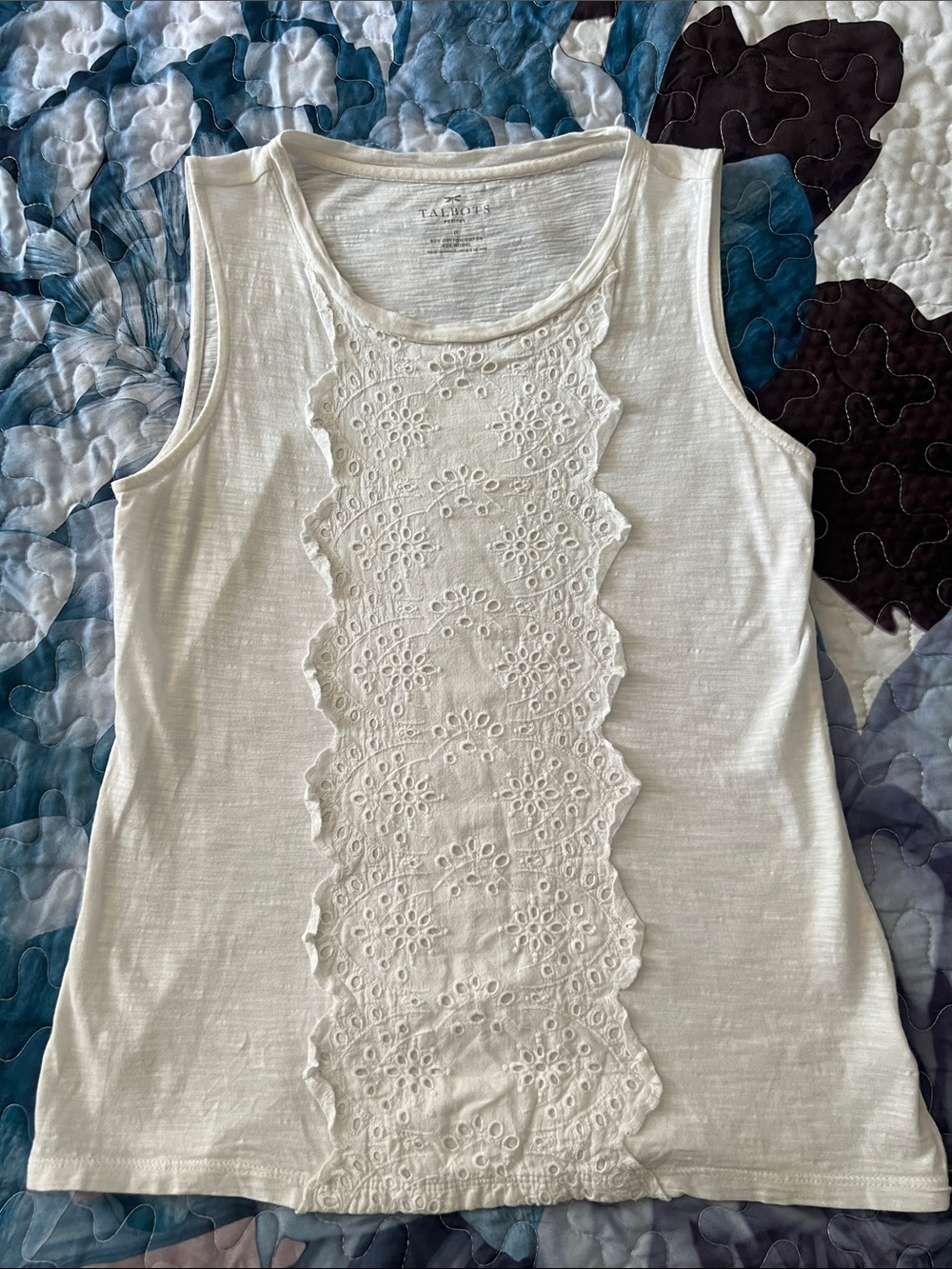 Talbots White Cotton Eyelet-Front Sleeveless Tank